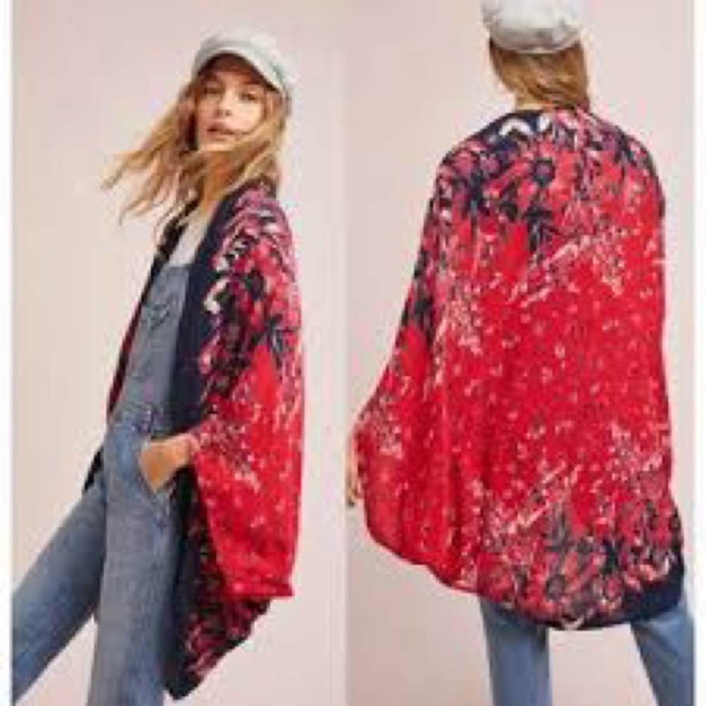 Anthropologie | Floreat In-The-Shadows Cocoon Kimono Floral Red Navy O/S